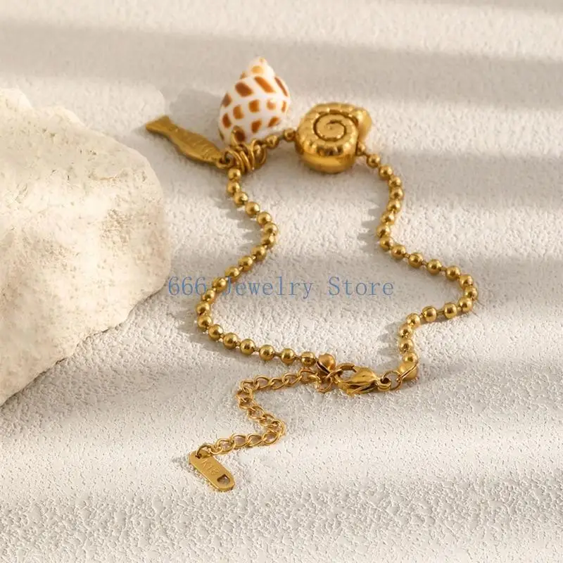 F2TD Gold Tone Anklet Bracelet with Shell Stainless Steel Beaded Ocean Ankle Jewelry for Resort Travel, Summer