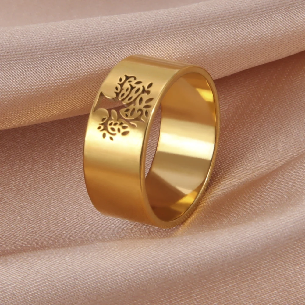 Fashion Hollow Tree of Life Wide Rings Women's Ring Stainless Steel  Gold Color Finger Rings Simple Jewelry Anniversary Gifts