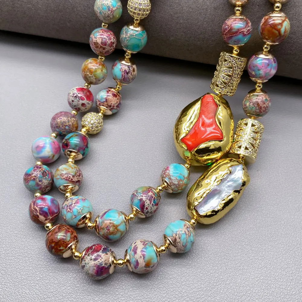 2 strands Orange Coral White Biwa Pearl Beads  Blue Purple Sea Sediment Jasper Necklace Multilayers Necklace Statement Jewelry