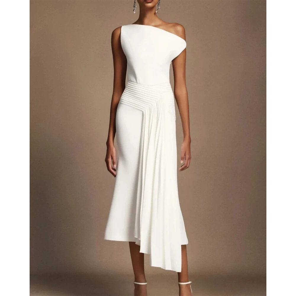 

Simple Evening Dress for Woman Customized Jersey Off The Shoulder Sleeveless White Tea Length Mermaid Formal Party Dresses 2026