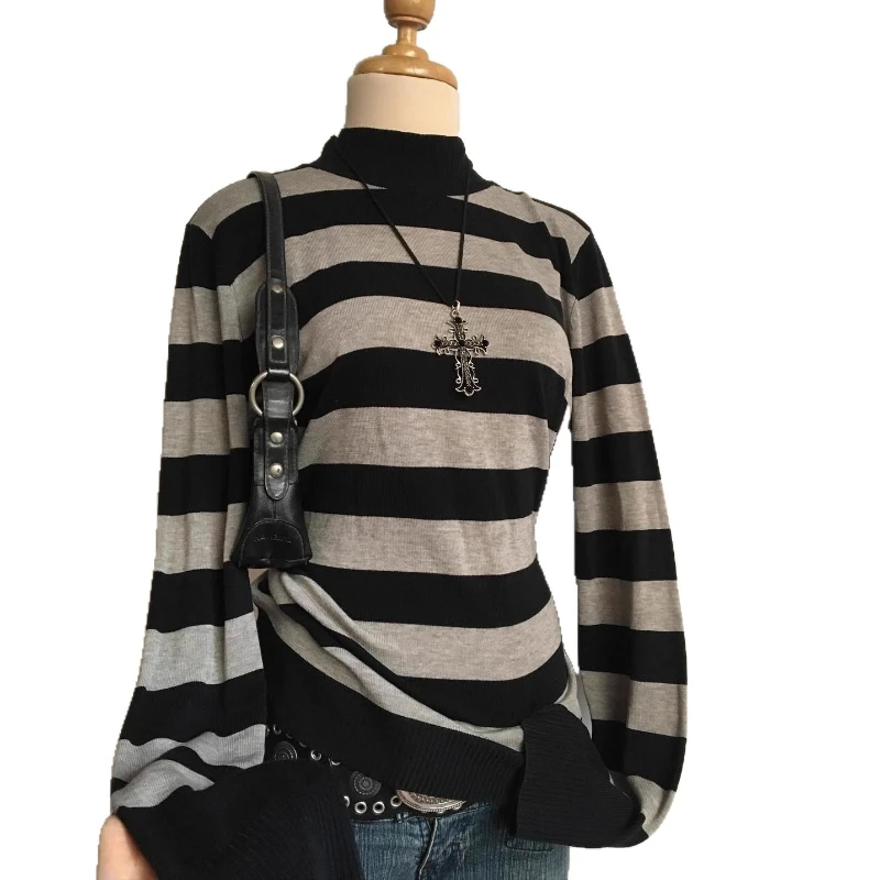 เสื้อสเวตเตอร์ถักผู้หญิงแขนยาวลายทางสไตล์เกาหลีแบบยุโรปและอเมริกา คอสูง ทรงหลวม ใส่ได้หลากหลาย