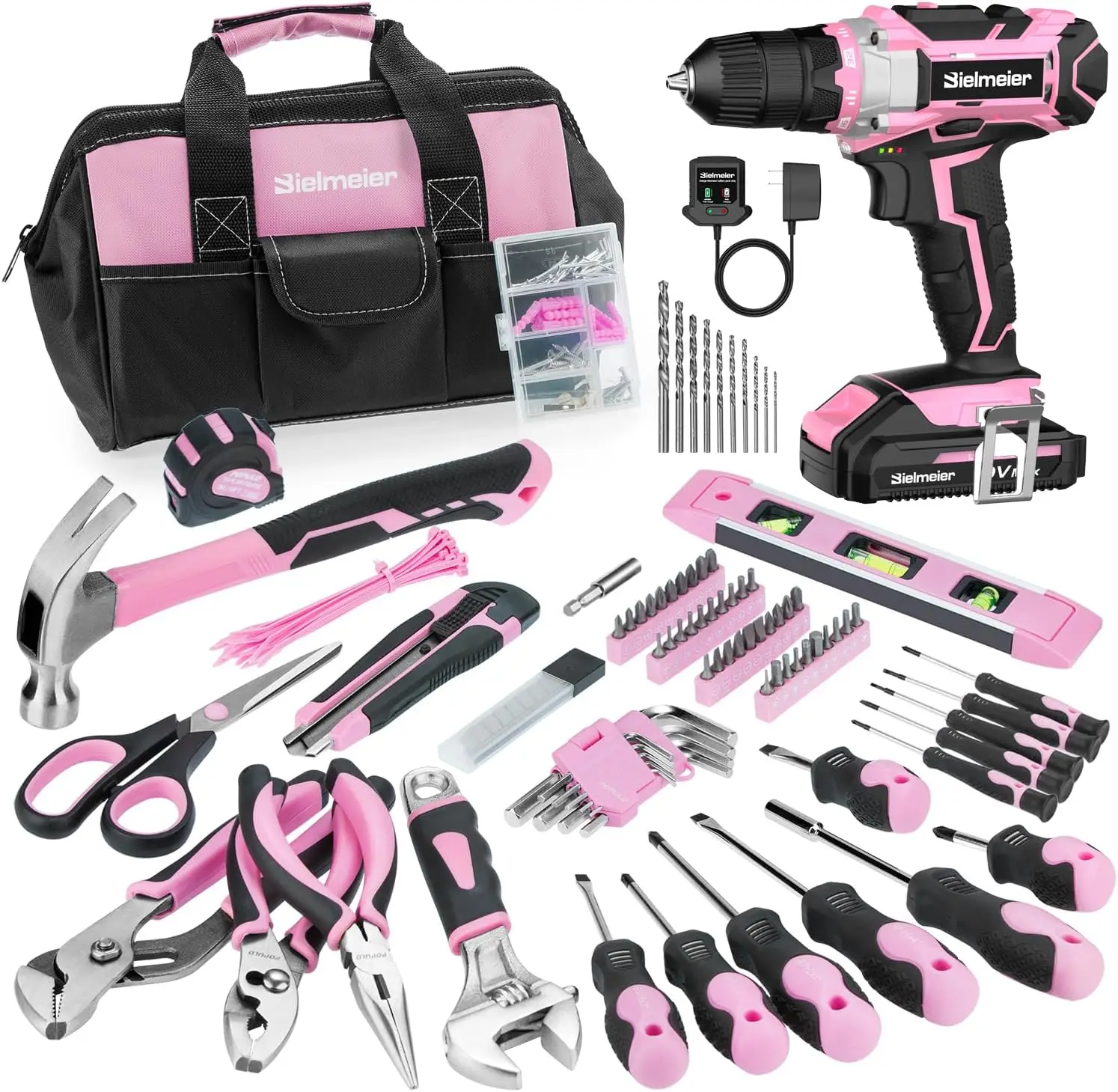 

20V Cordless Pink Drill Set for Women, 236Pcs Home Tool Kit with Bag, DIY Electric Screwdriver for Repair & Gifts