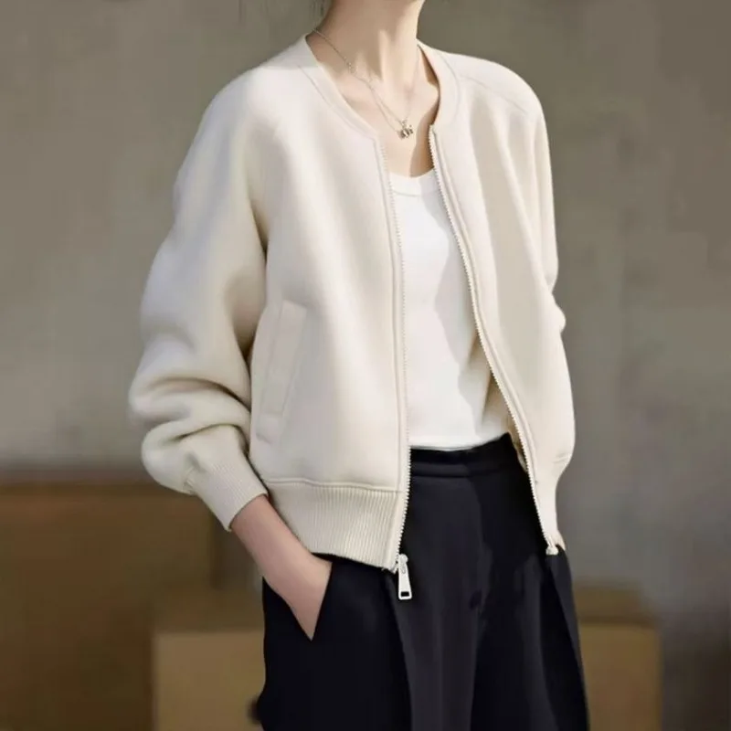 Womens Cream Flight Jacket Short Coat Mature Style Loose Zip Up Baseball Jacket Casual Outerwear