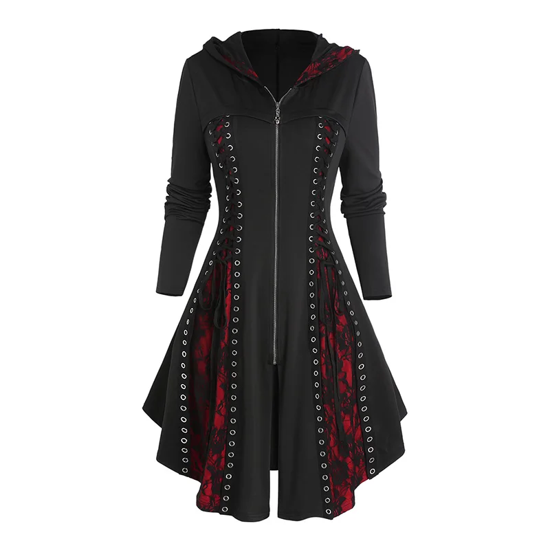 DRESSFO Women's Coat Lace Up Long Gothic Hooded Coat Lace Patchwork Zip Up Long Sleeves Casual Top