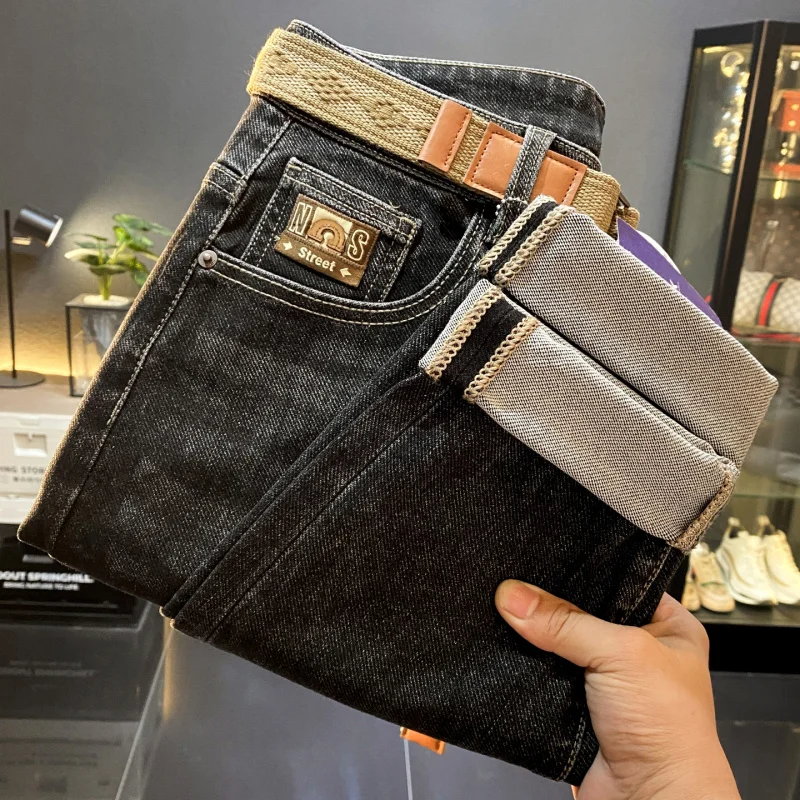 Уличная одежда, красивые, осенние новые эластичные джинсы, мужские американские элитные повседневные стильные длинные брюки с поясом