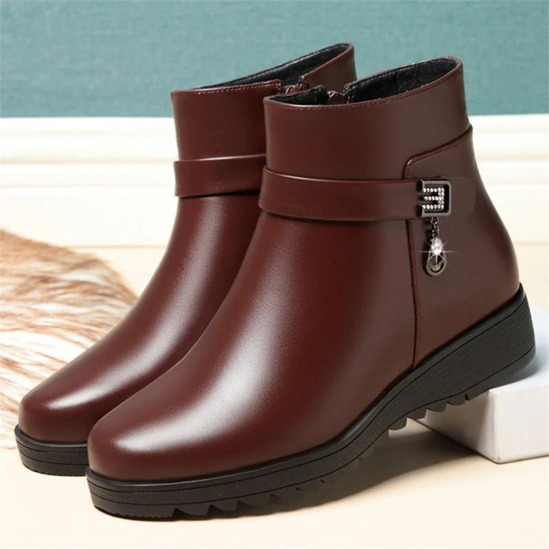 Autumn Winter Mum Warm Cotton Soft Shoes Women  Fleece Side Zip Thick Bottom Short Boots Leisure Round Head Flats Boots