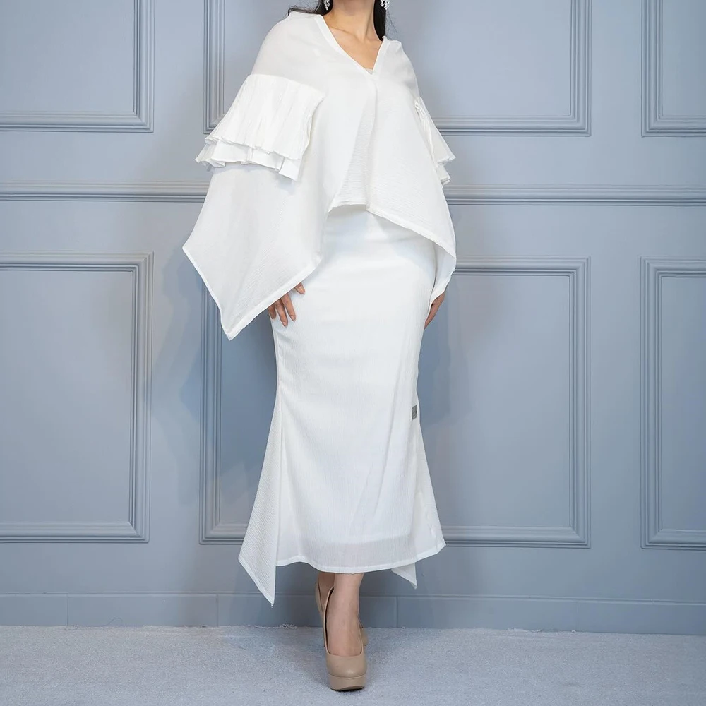 Personalizado a linha vestidos de noite tornozelo comprimento com decote em v manga cheia vestido de baile simples moda drapeado vestido de festa casual