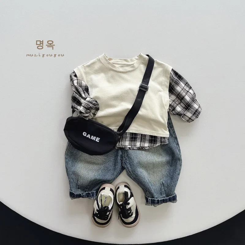 Children Clothing Plaid Sense of Design Undershirt 2024 Spring and Autumn New Boys T Shirt Korean Style All Match Top