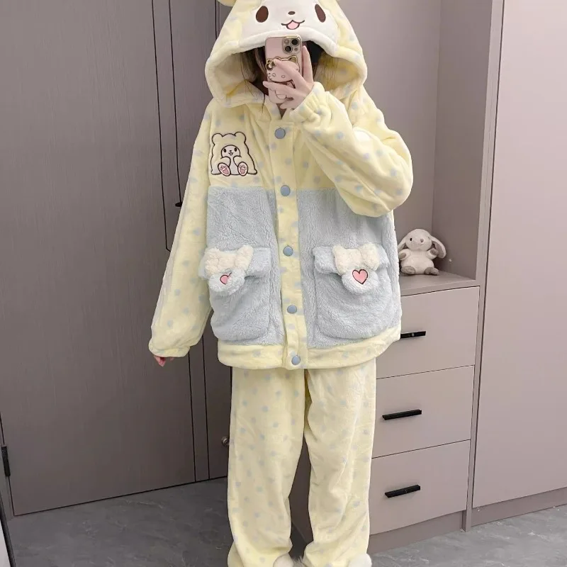 Kawaii Sanrio Marumofubiyori Hooded Flannel Pajamas Cute Girl Soft Winter Thickened Warmth Home Clothes Sleepwear 2pcs Set