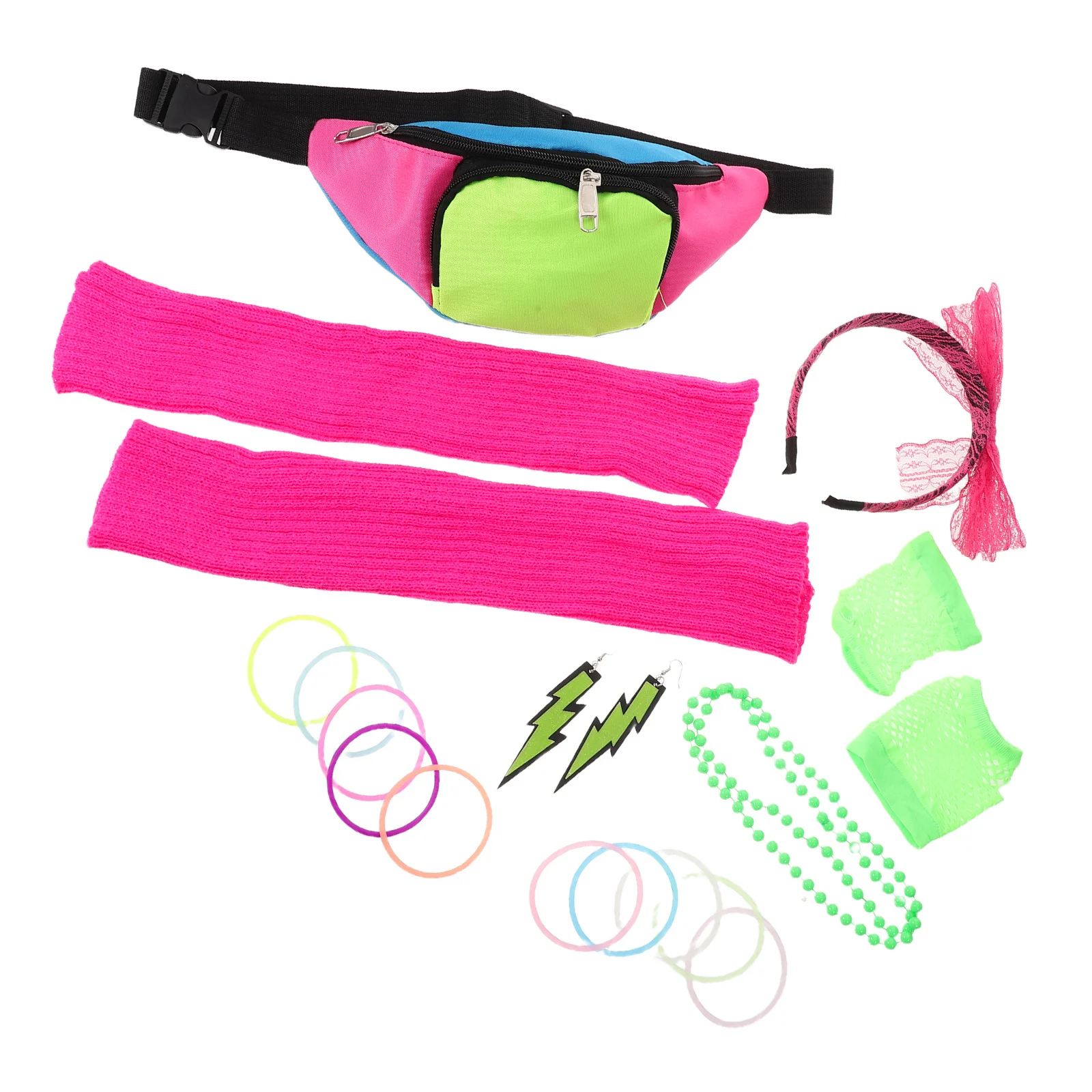 

19Pcs Neon Costume Accessories Retro 80S Outfit Set Including Fanny Pack Earrings Headband Wristbands Bracelets Party
