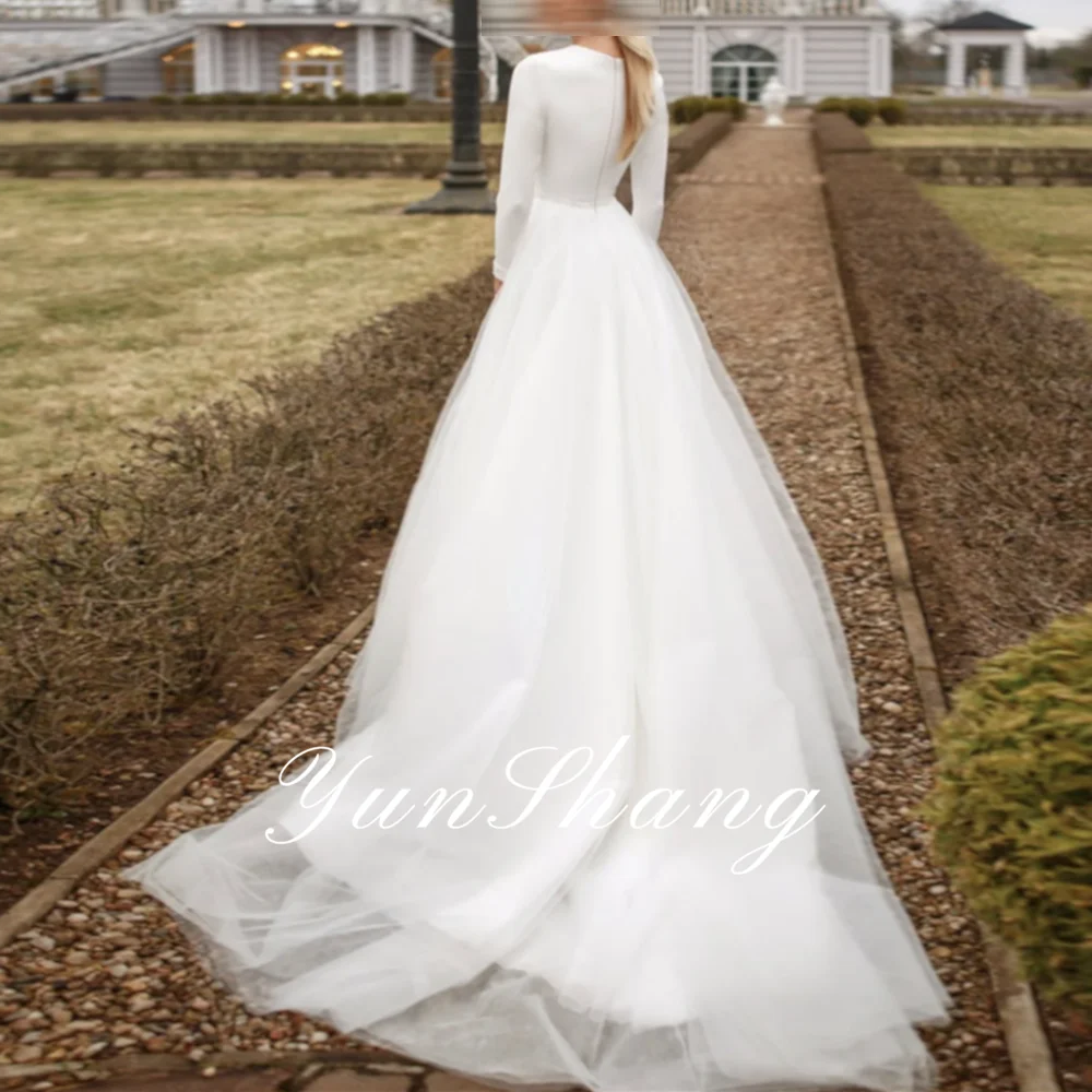 YunShang Customized O-Neck Tulle Wedding Dress Full Sleeves Beading Zipper Back White Ball Gowns Court Train Vestido For Women