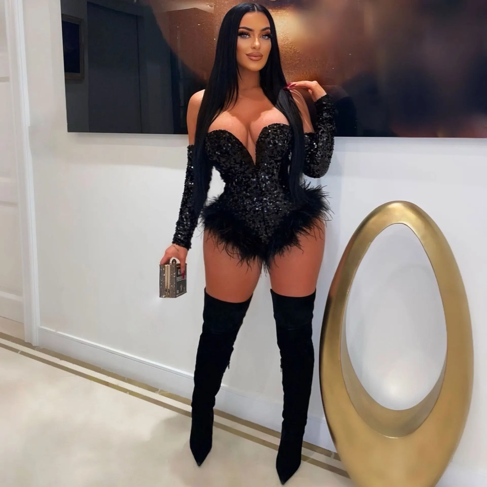 Sexy Bodysuit for Women Plunge Deep V Neck Sequined Off Shoulder Long Sleeve Hem Faeathers Jumpsuit 2023 Party Evening Clubwear