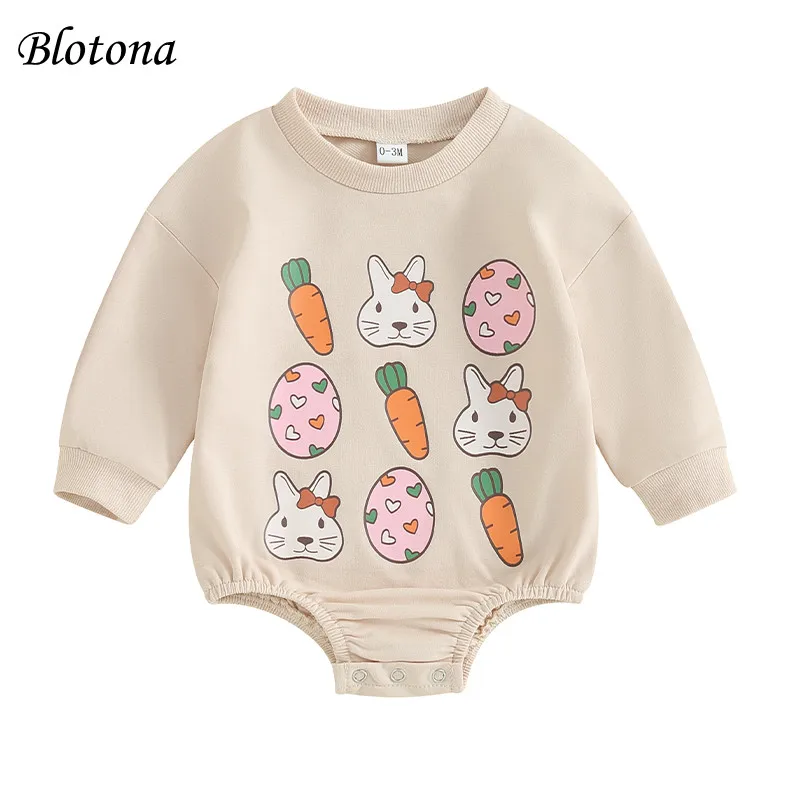 

Blotona Baby Girls Romper, Long Sleeve Crew Neck Rabbit Eggs Carrot Print Spring Fall Bodysuit Easter Clothes 0-18Months