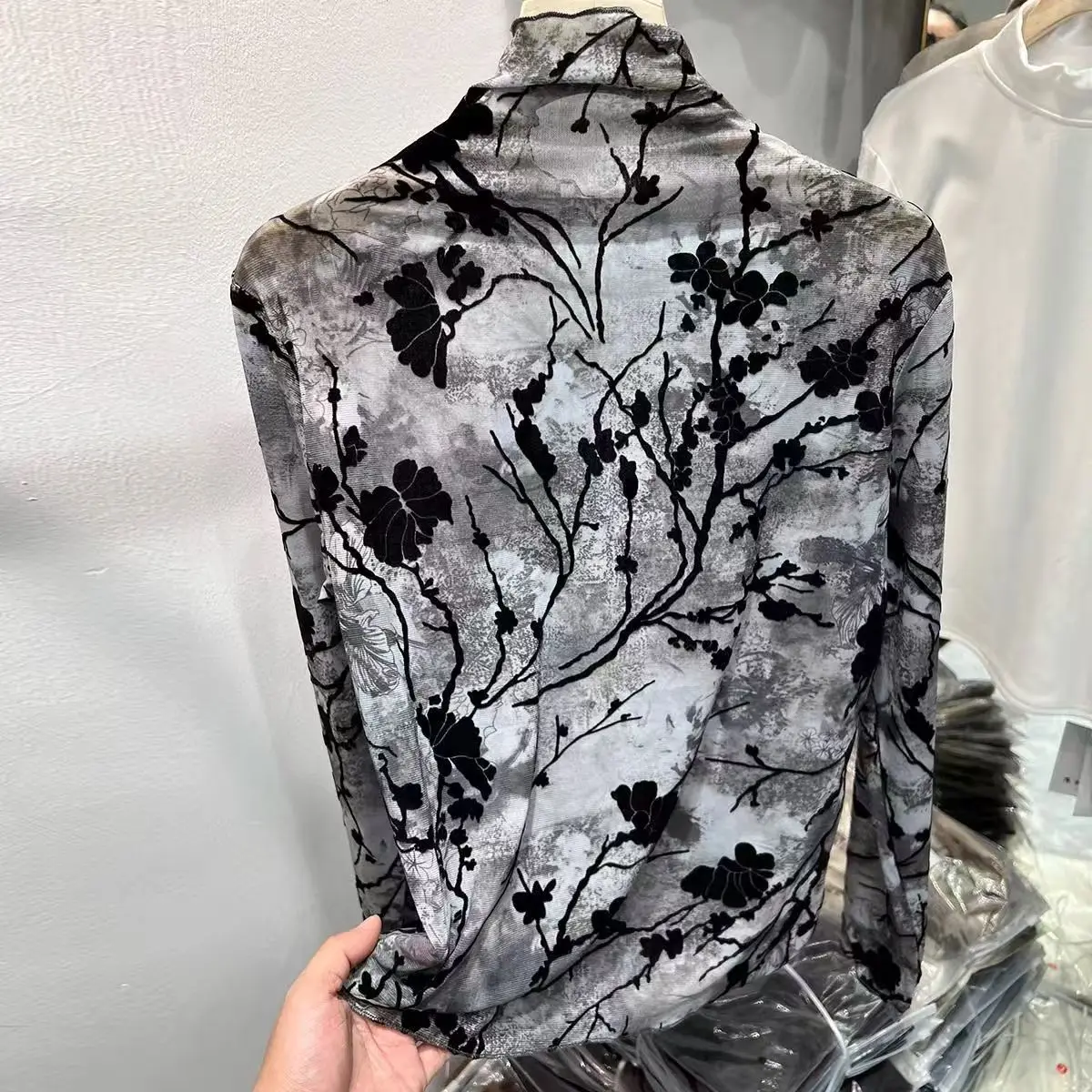 

Flower Jacquard Flocked Mesh Blouses Women Shirt Spring Autumn High Collar Long Sleeve Basic Top Lace Shirt