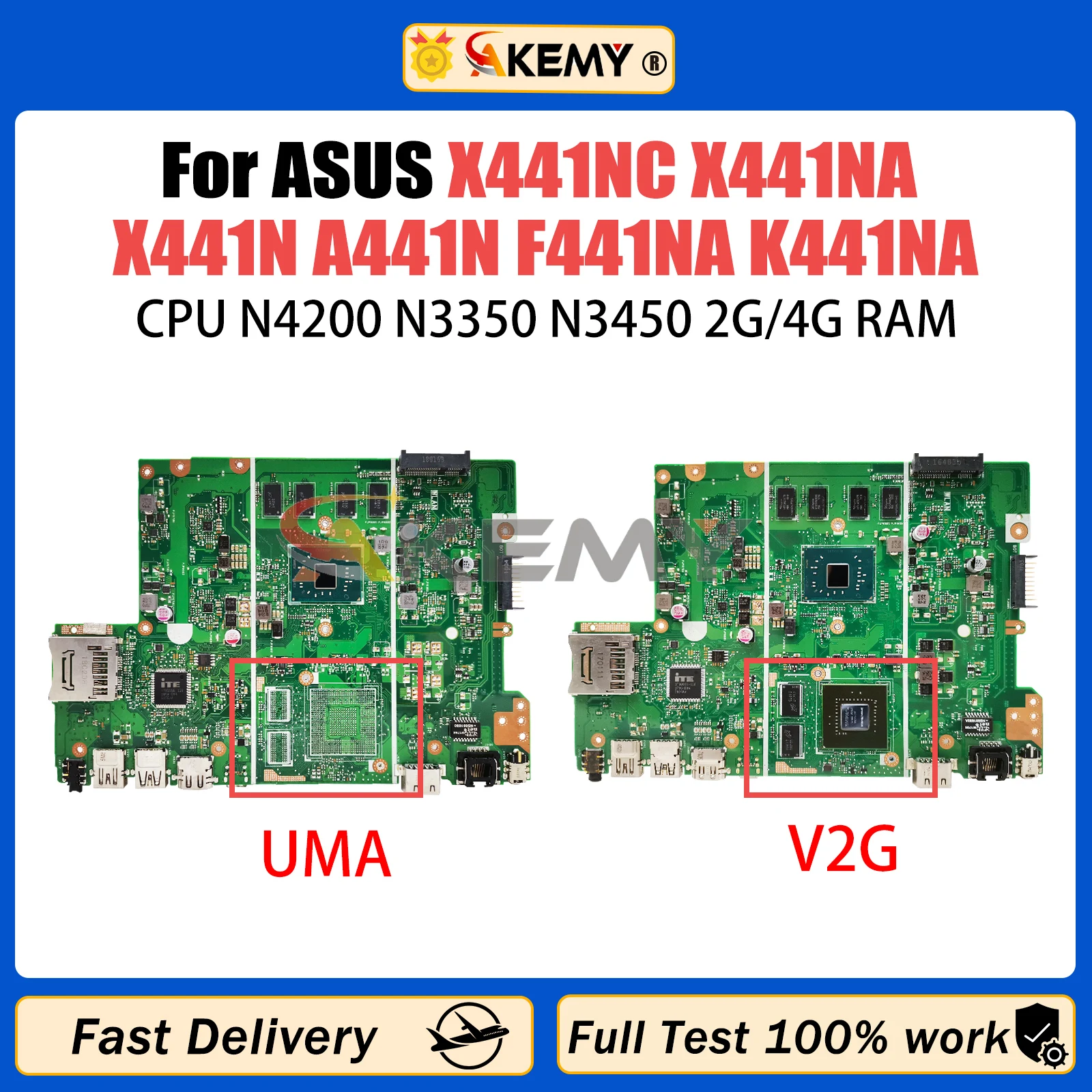 

AKEMY X441NC Mainboard For Asus X441NA X441N A441N F441NA K441NA Laptop Motherboard N4200 N3350 N3450 CPU 2G/4G RAM