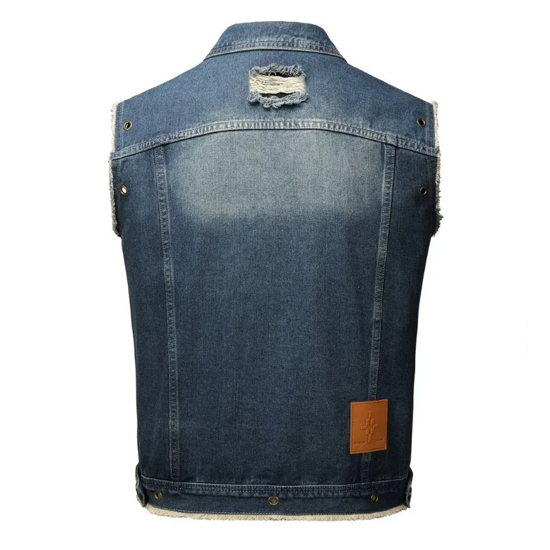 2025 New Men's Denim Vest Y2K Retro Fashion Trend Ripped Motorcycle Jacket Casual All-match Hip-hop Streetwear Men's Clothing