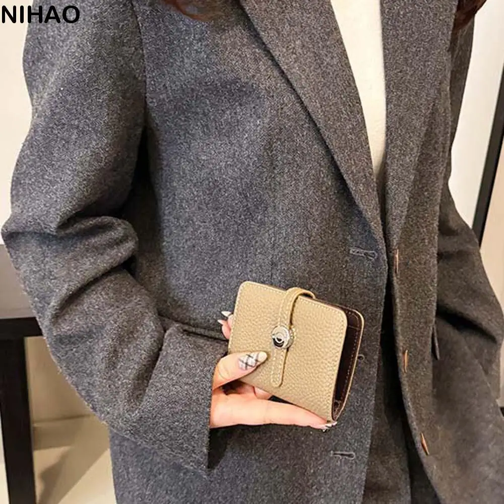 

Portable Lady Short Organ Wallet Solid Color Classic Style Soft PU Purses Anti-Splash Water Snap Button Multiple Card Bag Women