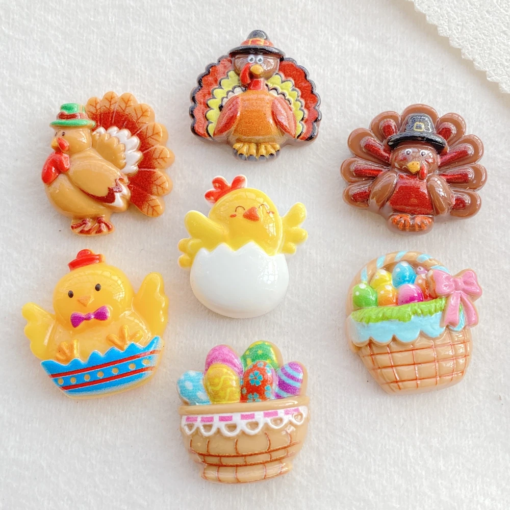 10PCS Resin Cartoon Easter Bunny Chicks Eggs Flatback Stones for DIY Jewelry Hair Bow Scrapbook Crafts Decorative Figurines