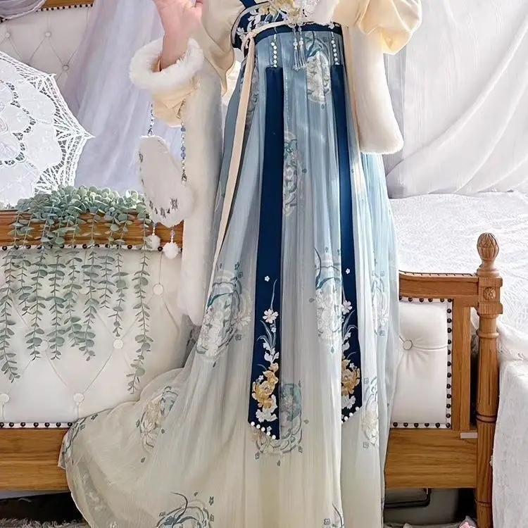 Tang style chest length skirt Hanfu women's winter 2024 light snow improved Han elements thick sleeved shirt ancient costume