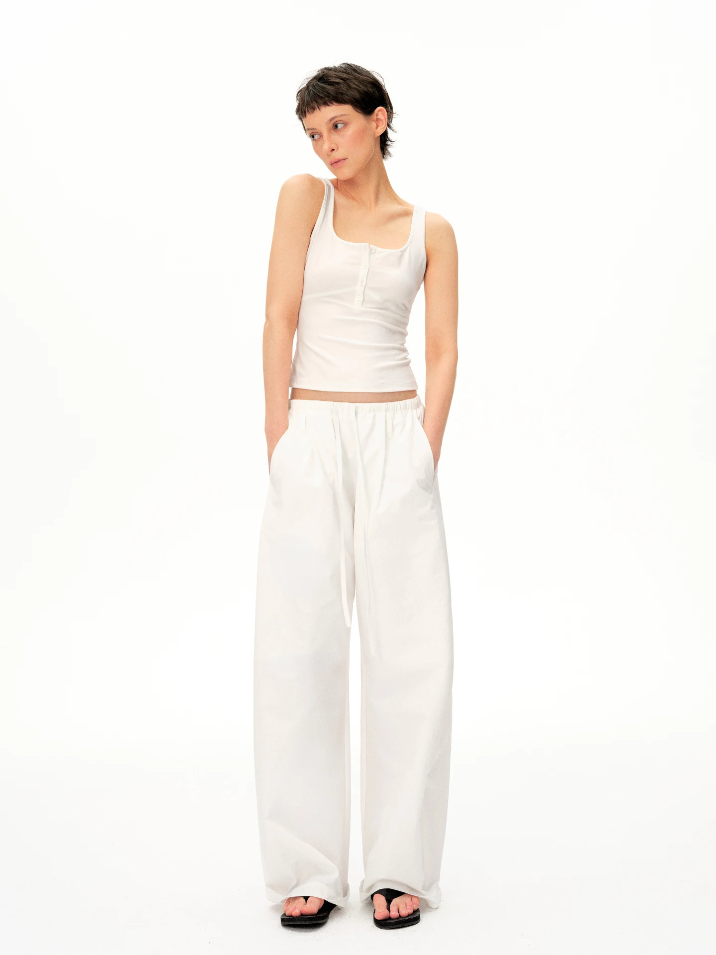 BGT Summer Lightweight White Wide Leg Pants Elastic Waist Loose Casual Pants Comfortable Loose Fit Straight Cut Polyester Fiber