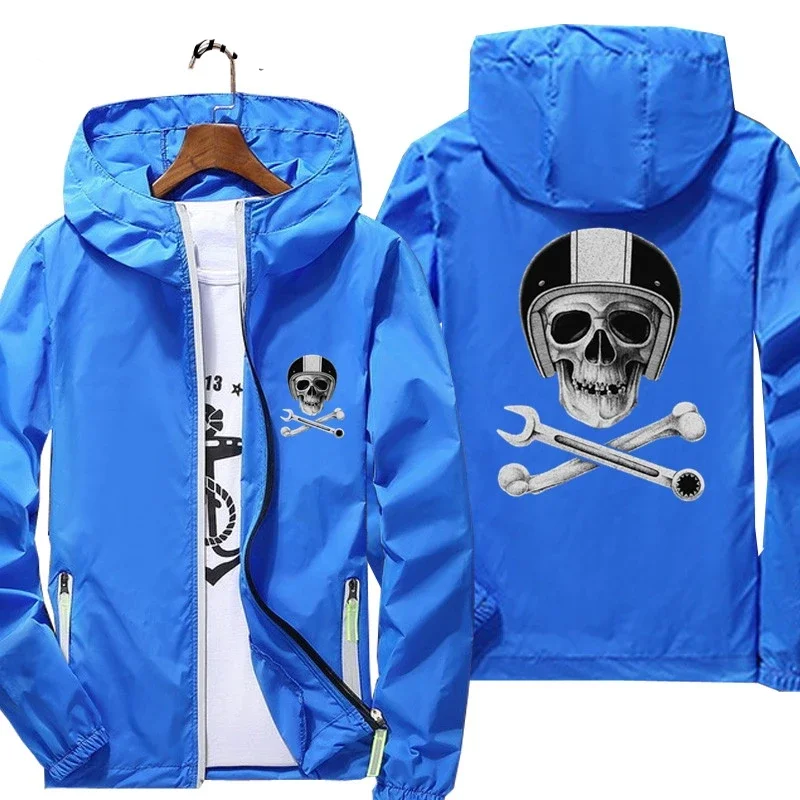 Motorcycle With Skull Helmet Biker Cafe Racer Skull Casual Windbreaker Sports Pilot Skin Hooded Jacket Cycling Reflective Jacket