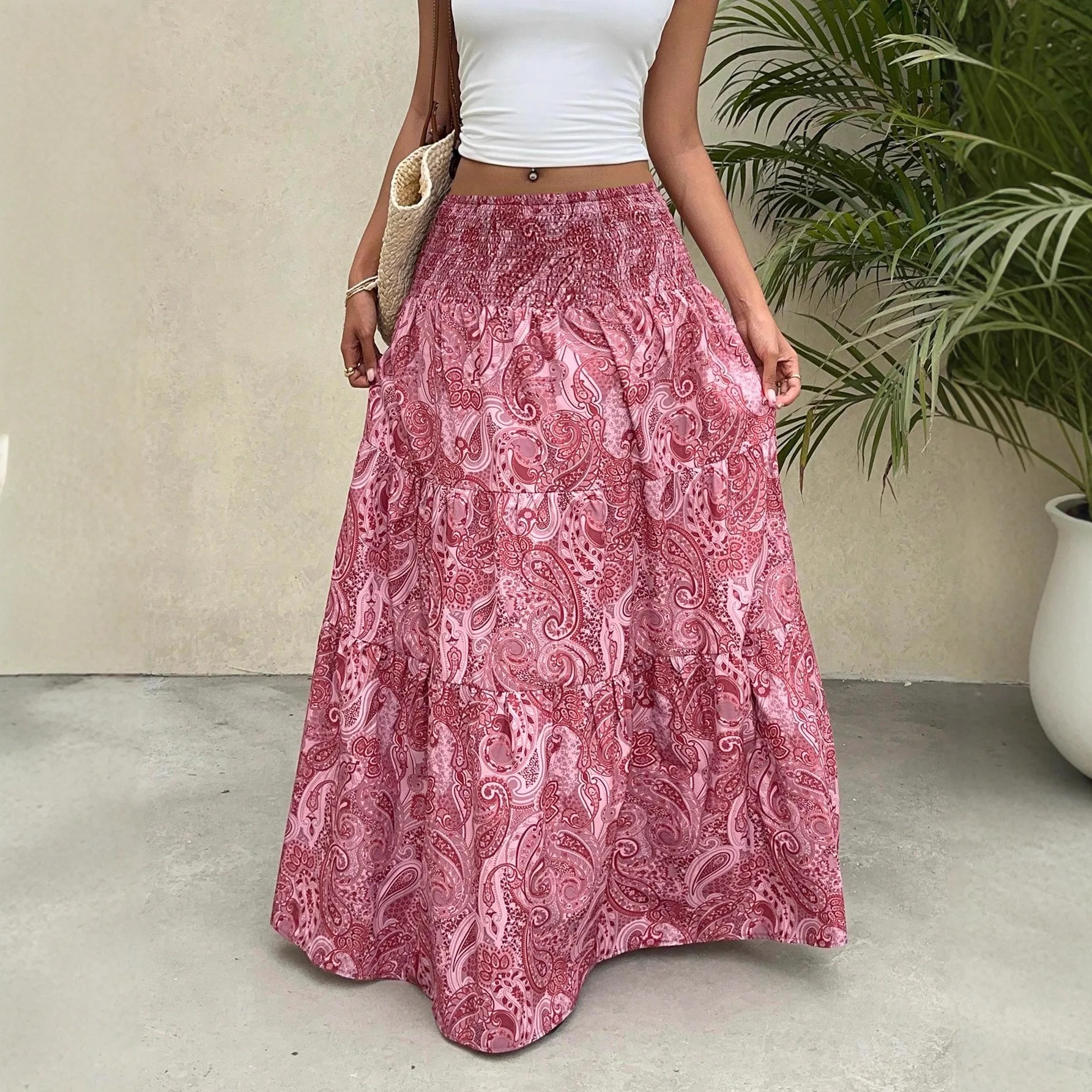Bohemian Print A-line Skirt Women New Comfortable And Casual Beach Vacation Style Elastic Waist Skirts Lady Medium Length Skirt