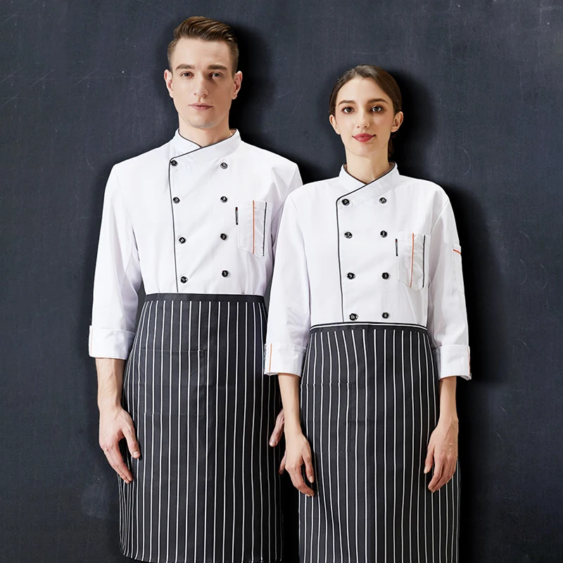 Chaqueta de cocina de manga larga para hombre y mujer, uniforme de cocinero, camisa de trabajo de Chef, ropa de trabajo de camarero y cafetería, delantal