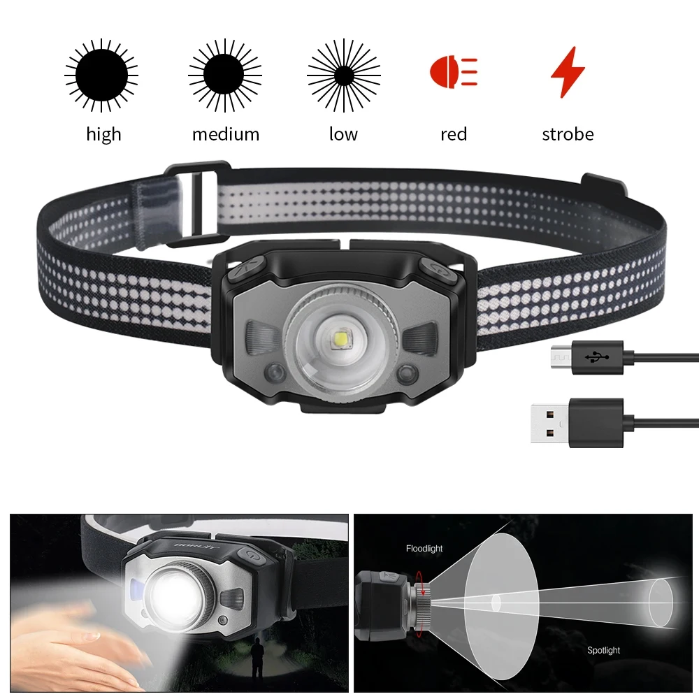 BORUiT B33 IR Sensor Mini Zoom LED Headlight USB Rechargeable Headlamp Work Head Flashlight Waterproof Fishing Camping Lantern