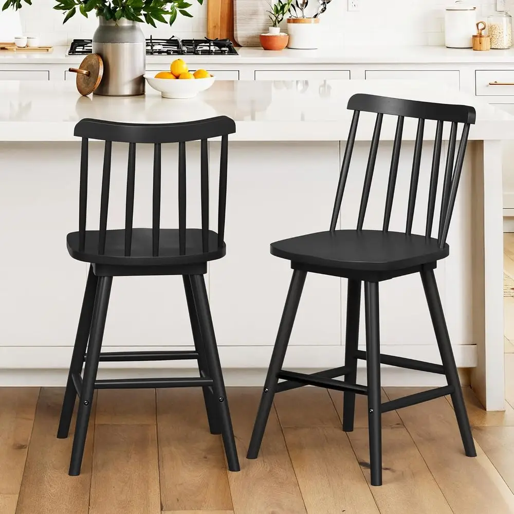 

Set of 2 Black Windsor Counter Height Barstools with 24 Spindle Back, Suitable for Kitchen Island, Pub, Bistro, and Dining Room