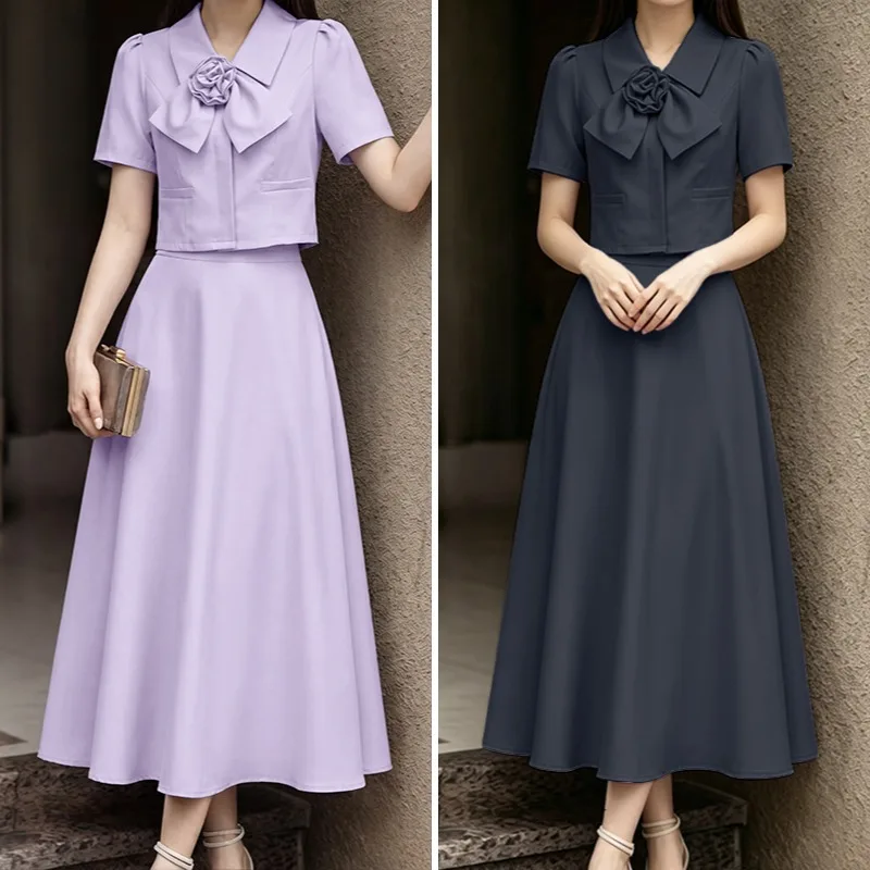 ZANZEA Stylish Summer Outfit Women Two Piece Dress Sets Short Sleeve 3D Flower Crop Top Elegant OL Work A-Line Midi Skirt Suit