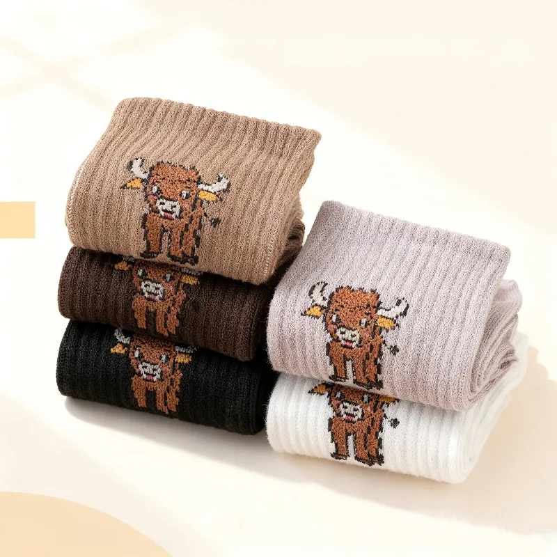 5 Pairs Women'S Solid Color Versatile Cartoon Cow Pattern Mid Calf Socks | Fabric