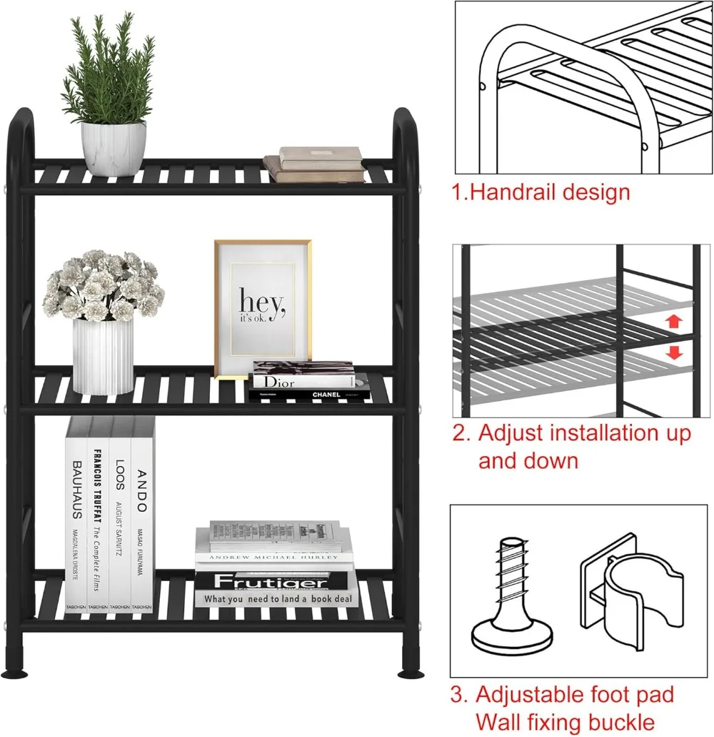 وحدة أرفف معدنية قابلة للتعديل مكونة من 3 طبقات، رف تخزين عالي التحمل لغرفة المعيشة في المطبخ والحمام (أسود) #6