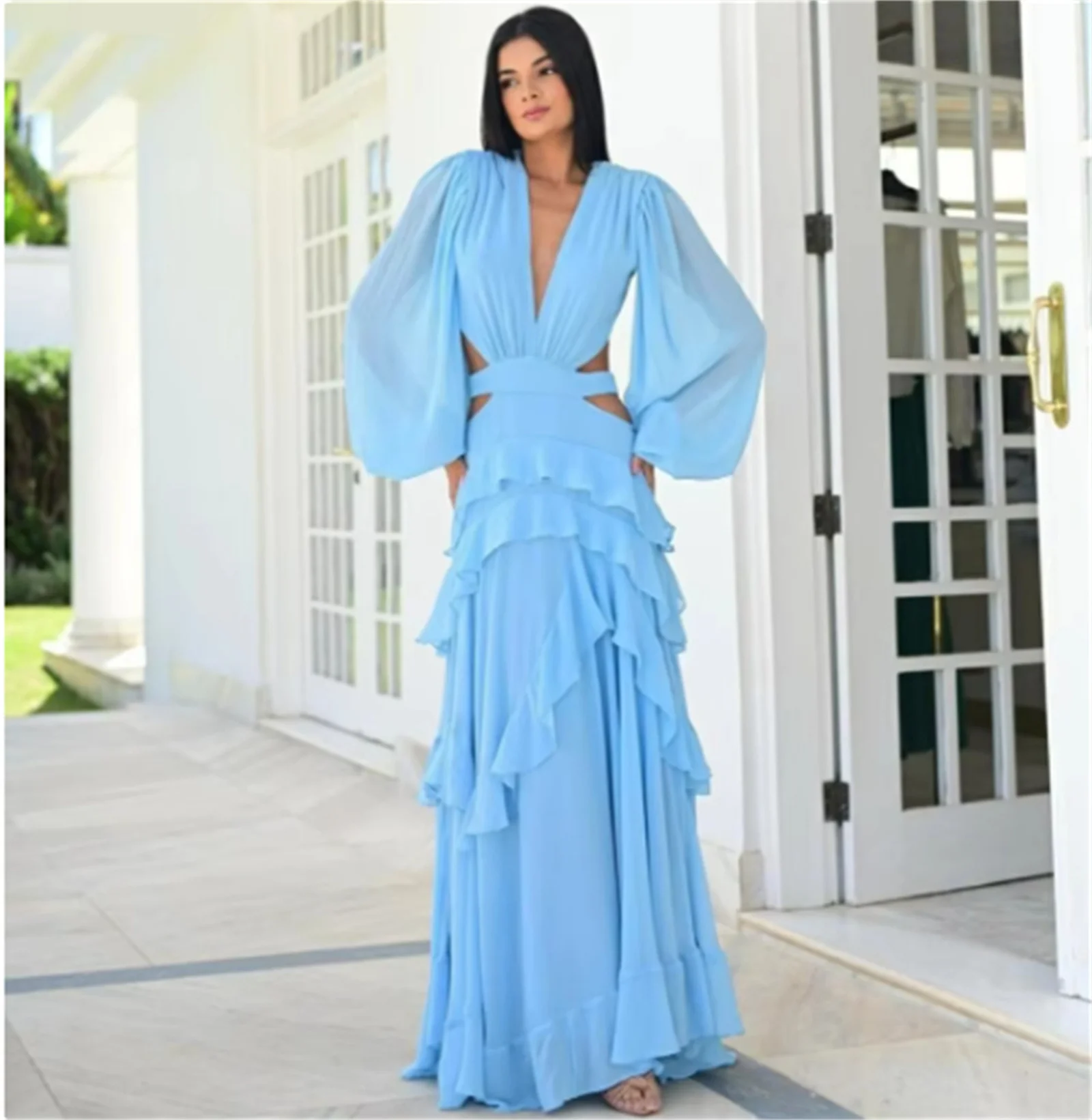 

Sky Blue Ruffles Chiffon Prom Dresses Puff Long Sleeves Formal Evening Gowns Sexy Deep V-neck Backless Layered Evening Dresses