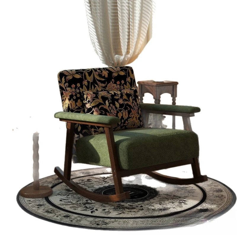 Medieval style single solid wood rocking chair reclining nap chair balcony home leisure chair living room bedroom lazy sofa