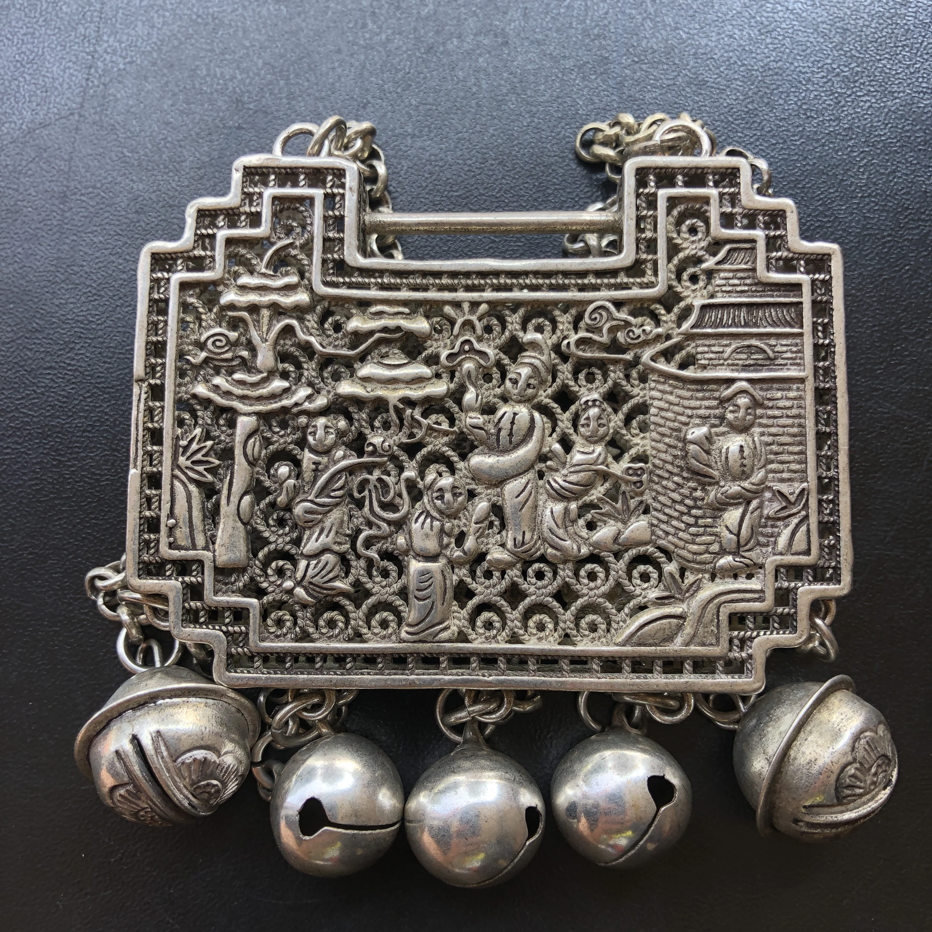 Vintage Tibetan Silver Longevity Lock Necklace Hollow‑out Figure Carving Pendant With Tassel Bells Retro Chinese Ethnic Traditio
