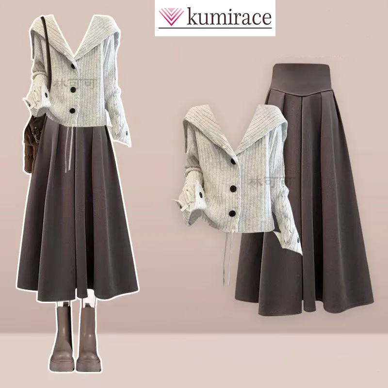 

Autumn and Winter Set, Women's Soft and Sticky Knitted Sweater with Black High-end Temperament Skirt, Two-piece Set Skirt Sets