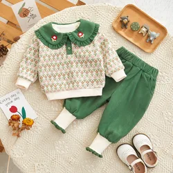 Autumn Winter Children's Velvet Set Baby Girl's Green Flower Turn Down Collar Pullover Cotton Tops 2Pcs Suit Loose Thicked Pants