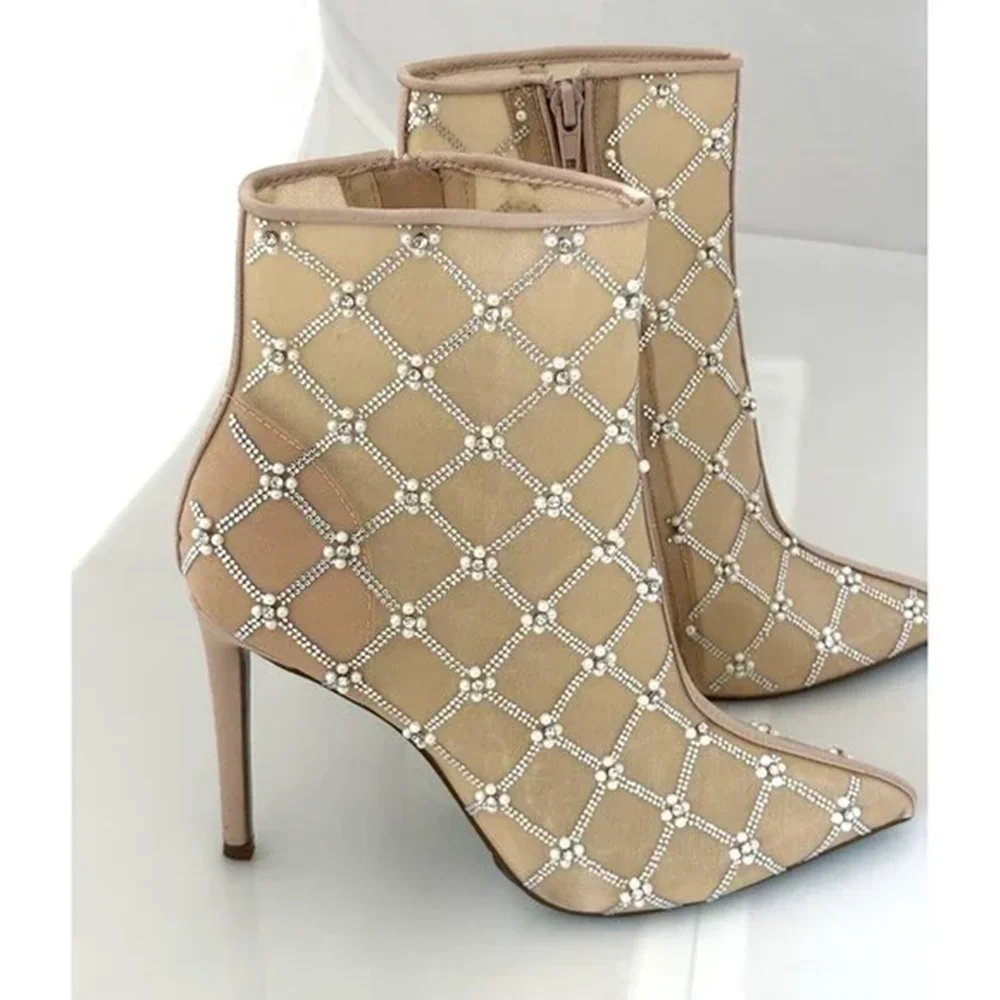 Champagne Sheer Mesh Ankle Boots Elegant Crystal Pearl Grid Embellishments Pointed Toe Stiletto Heel Boots Luxe Feminine Style