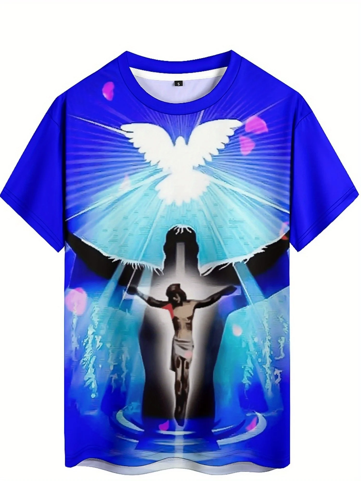 Camiseta masculina plus size com estampa 3D Jesus - azul com design de asa branca, manga curta, poliéster respirável,