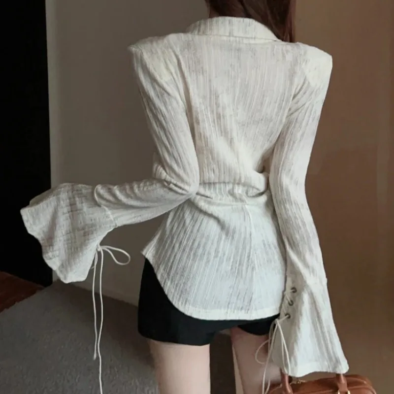 Flare Sleeve Shirts Women Autumn Elegant Female French Style Pleated Button Lace-up Trendy Fashion Casual All-match Prevalent