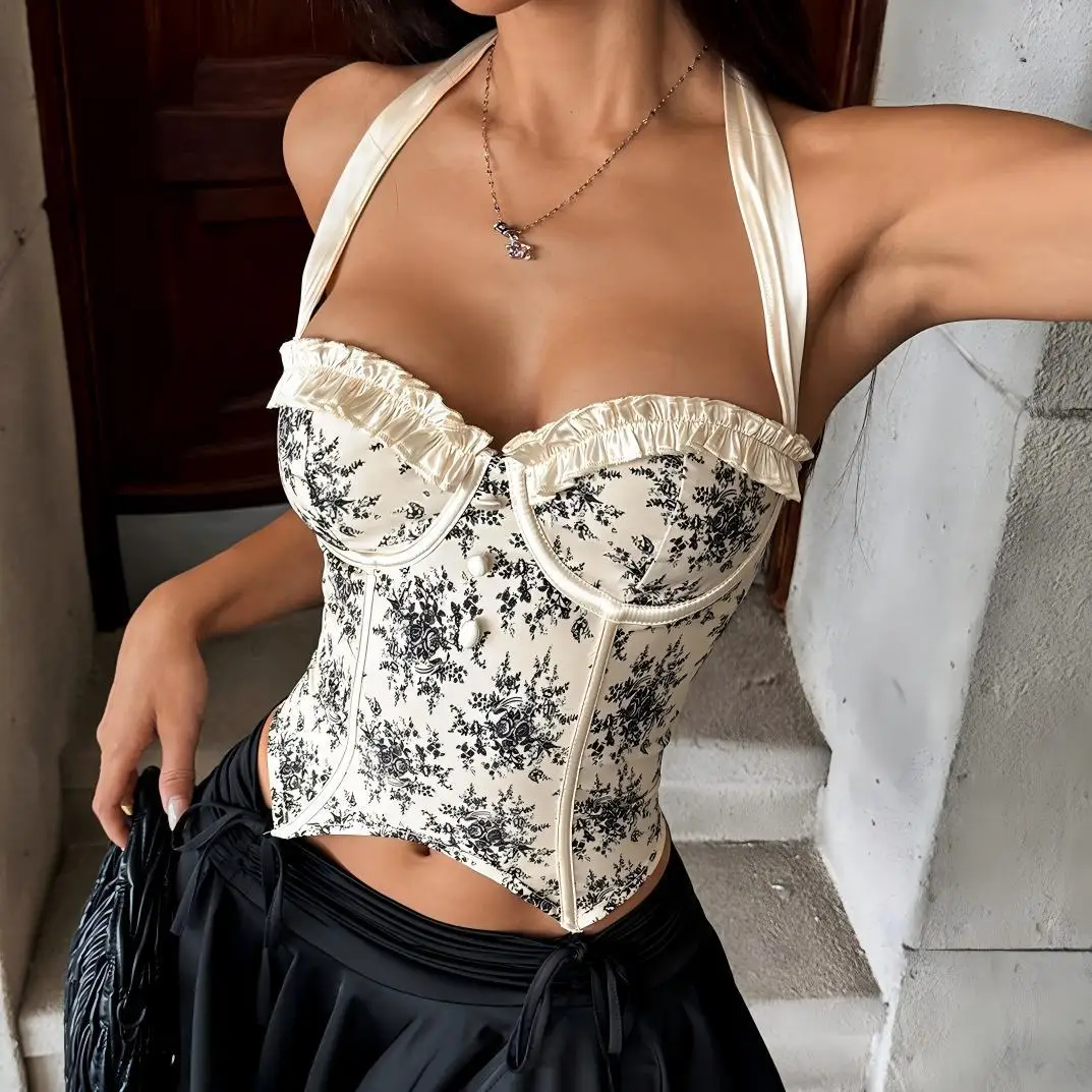 

Irregular Printed Crop Tops Women Sexy Sleeveless Lace Up Corsets Slim Camisole Fishbone Shaper Vest Summer High Street Tank Top