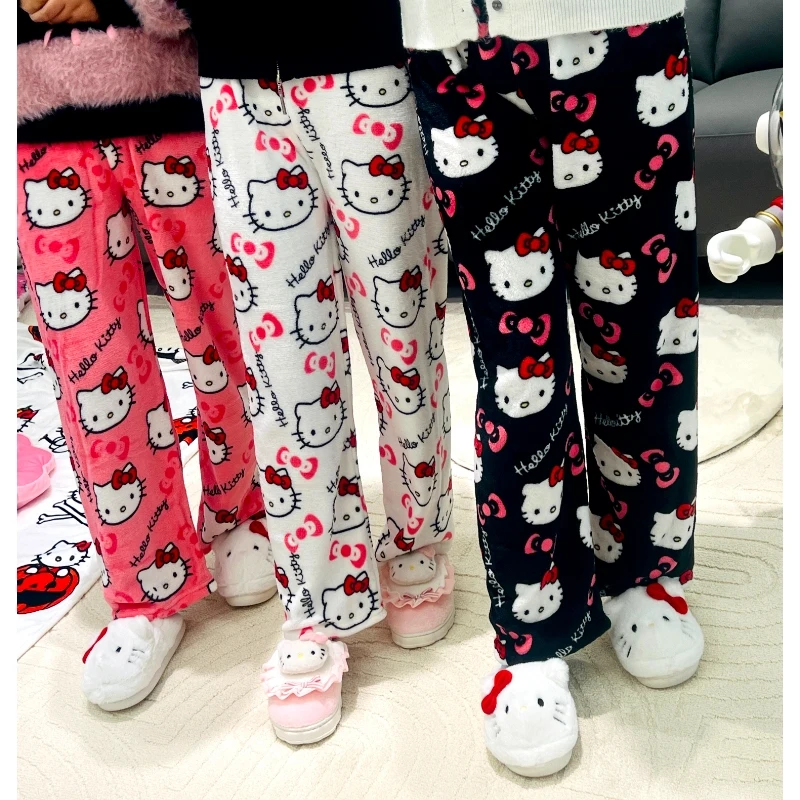 Sanrio Hello Kitty Pajamas Pants Black Pink Anime Flannel Women Warm Woolen White Christmas Loungewear Pant Autumn Gril Trousers