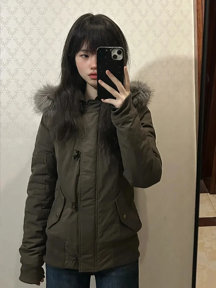 

Retro Vintage Hooded Coat Fur Collar Slim Fit Design Unique Girl's Sle Warm Polyester Fiber Women's Jaet Casual Outerwear