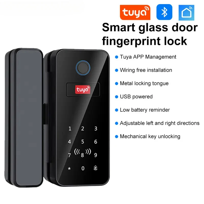 

Tuya APP Glass Door Fingerprint Lock Bluetooth Smart Biometric Electronic Door Lock 13.56Mhz RFID Remote Control Keyless Unlock