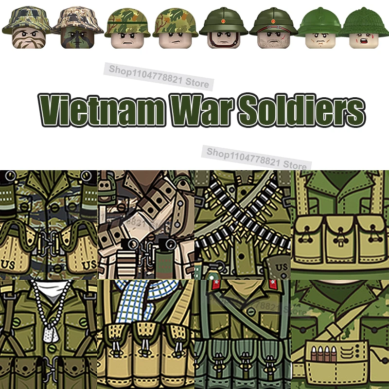 عصر فيتنام الجيش الأمريكي المشاة اللبنات شخصيات الجندي العسكري ثلاثية الأبعاد خوذة مطبوعة والعتاد معركة المشهد اكسسوارات لعبة الطوب #1