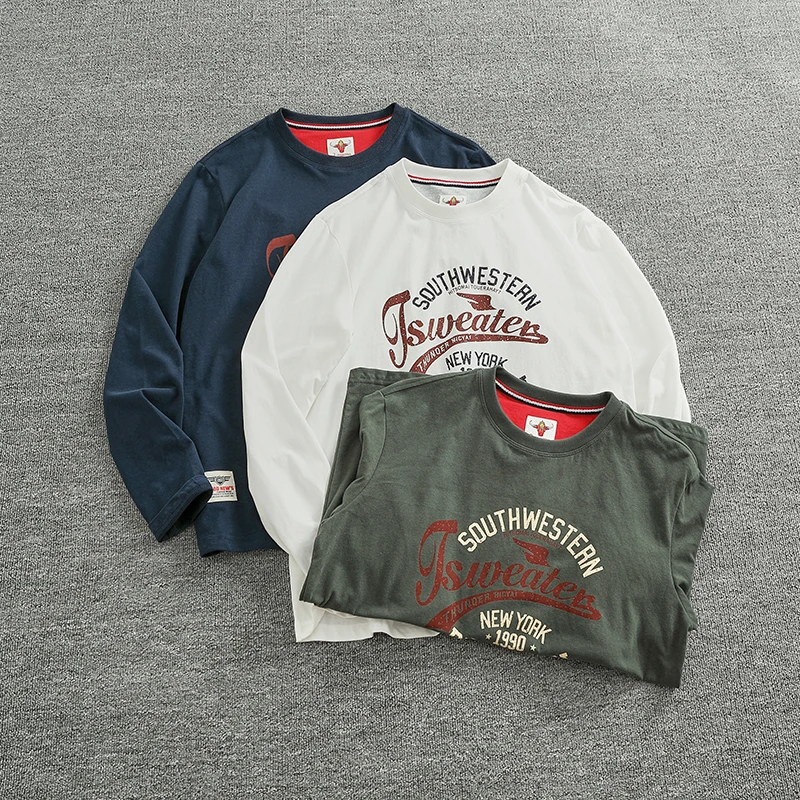 

Autumn New American Retro Long-sleeved O-neck Letter Printed T-shirt Men's Fashion Simple 100% Cotton Washed Casual Sport Tops