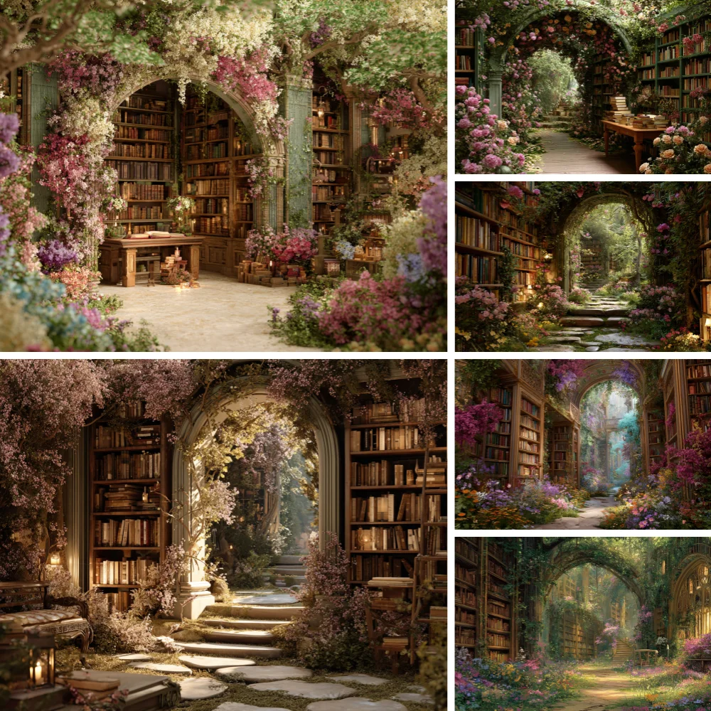 Bannière de fond de bibliothèque forestière, décorations de fête d'anniversaire, fournitures de fond de livre de forêt enchantée, accessoires de photographie