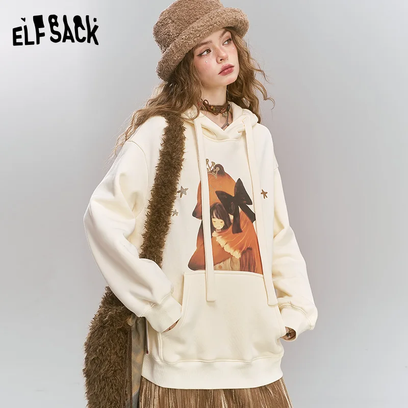 ELFSACK 2024 Winter New Arrivals Maillard Cartoon Printed Velvet Hoodie for Women, Loose Casual Top