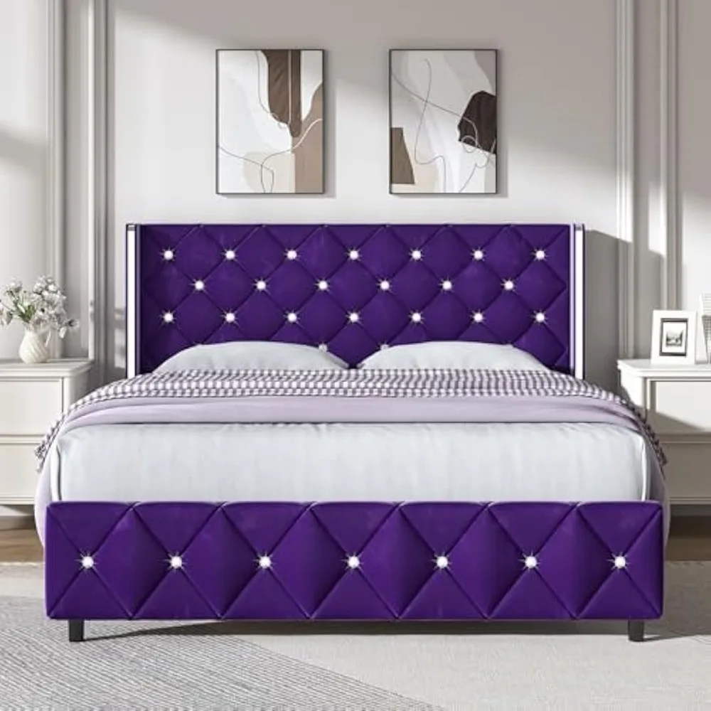 

Bed Frame, Upholstered Bed with Diamond Headboard, Black Velvet Bed Frame with Wingback Headboard & Footboard,
