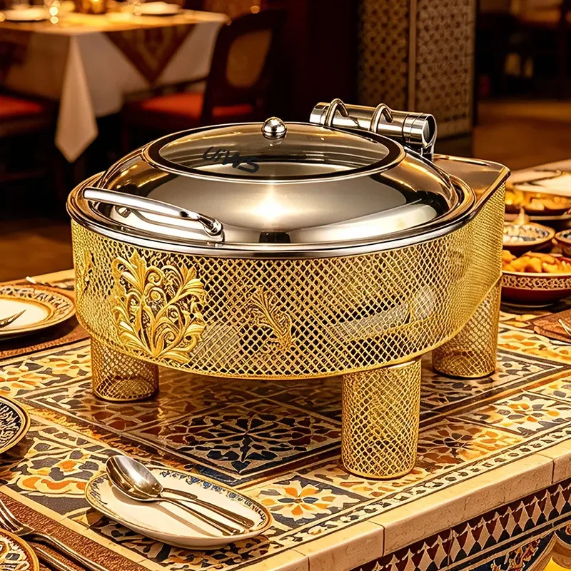 6L Stainless Steel Round Buffet Warmer with Hydraulic Lid Alcohol Fuel Food Heating Container for Small Hot Pot Catering